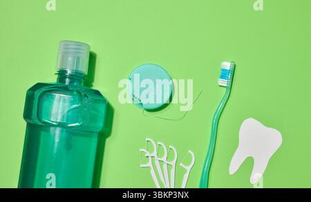 Green toothbrush, mouthwash bottle, dental floss in case, plastic floss holders on green background. Top view Stock Photo