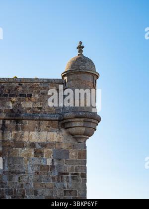 Close-up of a stone watchtower on the ramparts of Saint-Malo, Brittany. Historic coastal fortification with medieval architectural details and clear s Stock Photo