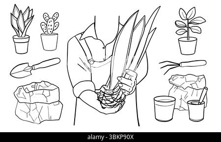 Man holding house plant in hands. Plant care concept, plant transplantation, garden plot, gardening, growing plants. Vector linear illustration with h Stock Vector