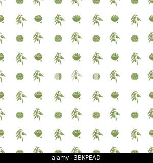 Glass jar, bowl with olives and olive tree branch. Seamless pattern. Vector illustration. Stock Vector