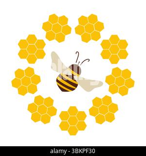 Bee in center of honey round frame. Cute wreath with bee and honey. Stock Vector