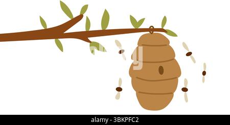 Wild bees house on the tree with wild flying around. Cartoon illustration on white background. Stock Vector