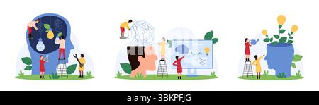 Innovation idea, positive mindset development set. Tiny people check complicated chaos and knots mess in human head, simplify problem to easy order, change thoughts growth cartoon vector illustration Stock Vector