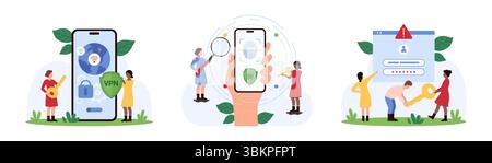 Biometric identification, cyber security set. Tiny people study fingerprint on smartphone screen, holding key and VPN shield to protect online connection and account access cartoon vector illustration Stock Vector