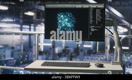 PC monitor on data center industrial platform displaying hardware status for AI training workflows. Workstation screen tracking servers processing machine learning datasets in industrial environment Stock Photo