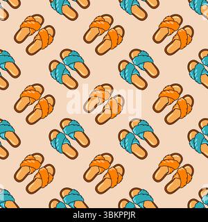 Seamless pattern with beach slippers. Cozy crossband house sandals. Plush comfort footwear top view. Cartoon vector style Stock Vector