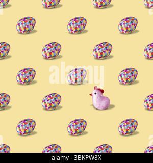 Easter eggs, toy chick on a beige background, seamless pattern Stock Photo