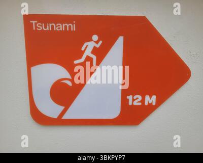Orange tsunami emergency exit sign on a wall, Denpasar, Bali, Indonesia Stock Photo