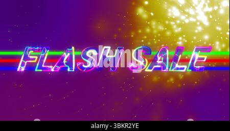 Displaying glitching FLASH SALE text on screen with RGB stripes, glowing particles, golden sparkles Stock Photo