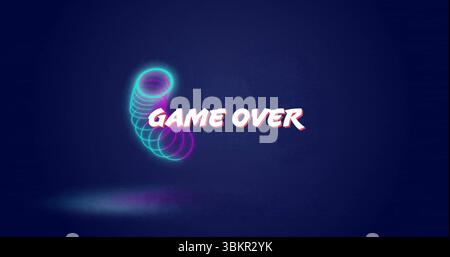 Displaying spiraling neon rings and stylized Game Over text above glowing floor patch in interface Stock Photo