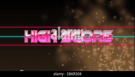 Displaying pink 3D HIGH SCORE text crossing cyan line on arcade interface, with golden sparkles Stock Photo