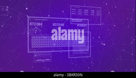 Displaying translucent data panel floating over virtual network nodes, with numbers and grid Stock Photo
