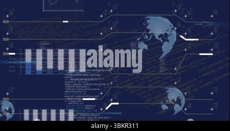 Displaying interface showing code fragments, bar charts and globe icons on screen, data monitoring Stock Photo