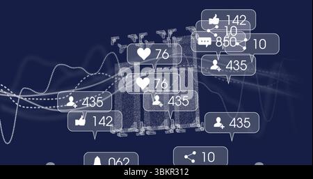 Displaying translucent speech bubbles showing social media icons counts in dashboard, wavy lines Stock Photo