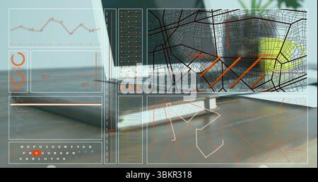 Displaying HUD UI in office with panels: graph, gauge, map, code-sequence, table and path diagram Stock Photo
