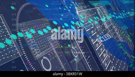 Complex cybersecurity interface displaying on grid, with transparent panels and code lines overlay Stock Photo
