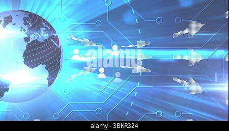 Broadcasting binary code and user icons from stylized globe on left over circuit grid, copy space Stock Photo