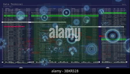 Displaying data terminal interface on virtual display, with access log tables and HUD overlays Stock Photo
