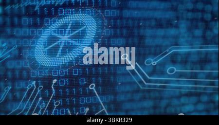 Displaying stylized digital coin glowing over network interface, with circuit lines and binary code Stock Photo