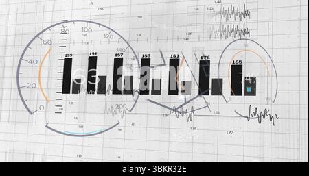 Displaying dashboard on heads-up display grid with speed gauge, bar charts and circular gauge Stock Photo