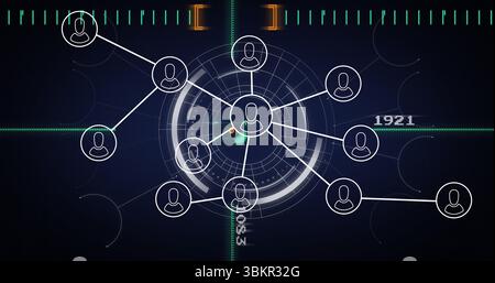 Displaying concentric radar interface pulsing over blue grid with user avatars and numeric overlay Stock Photo