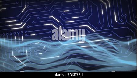 Displaying glowing circuit traces and nodes across digital interface, with flowing blue waveforms Stock Photo