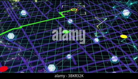 Moving target marker following neon green grid lines on digital map, with glowing hex icons Stock Photo