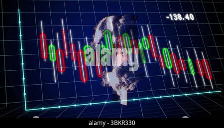 Displaying red and green candlestick bars with wicks fluctuating in turquoise grid, with mesh globe Stock Photo