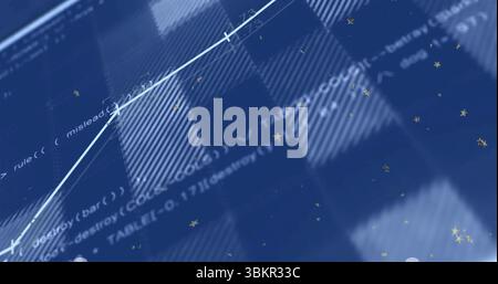 Displaying light-blue line graph rising on digital dashboard, with code text and golden stars Stock Photo