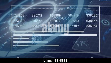 Displaying hologram hovering over circuit board, with numeric readouts charts reticles and map icon Stock Photo