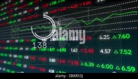 Displaying trading dashboard showing market data on monitor, with circular gauge and line charts Stock Photo