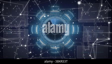 Displaying central circular HUD interface in virtual control room, with code panels and data nodes Stock Photo