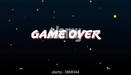 Displaying stylized white 'GAME OVER' text on dark gradient backdrop, with glowing particles Stock Photo