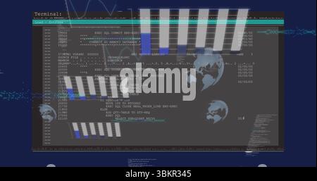 Displaying terminal window showing SQL code and bar charts on screen, with globe icons, waveforms Stock Photo