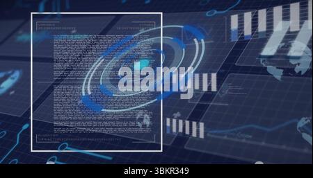 Displaying panel showing VARIABLE CRYPTO ALGORITHM text on grid, with ring graphic, bar charts Stock Photo