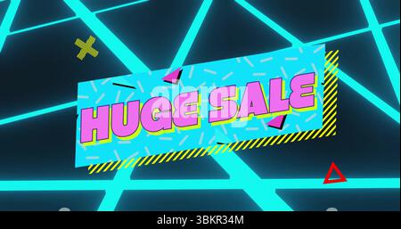 Showing bold sale banner flashing HUGE SALE on neon grid backdrop, displaying geometric accents Stock Photo