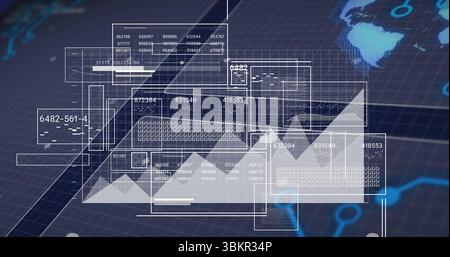 Floating translucent UI panels displaying tables and line charts on grid interface with world map Stock Photo