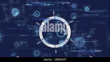 Showing segmented ring chart glowing white-blue on interface, with HUD charts and code panels Stock Photo
