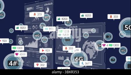 Displaying UI panels showing charts and world map on dark blue, with 5G or 6G badges and notificatio Stock Photo