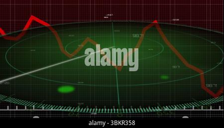 Displaying green circular radar on control interface, scanning grid and overlaying red graph data Stock Photo
