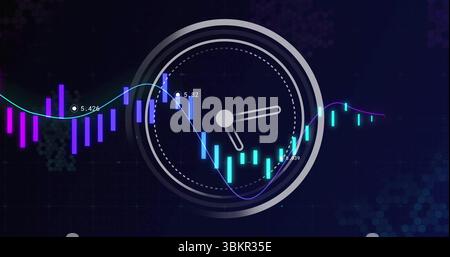 Displaying circular analog clock overlaying dashboard, with bar charts, line charts and data labels Stock Photo