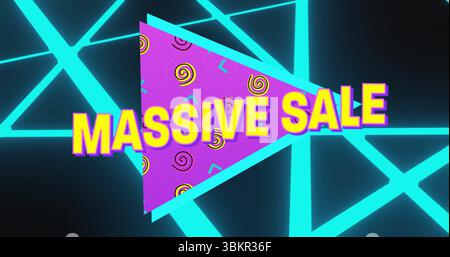 Showcasing purple patterned triangle glowing in neon grid ad layout, with bold MASSIVE SALE text Stock Photo