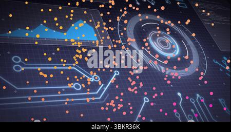 Dashboard showing circular HUD in interface, with circuit connections, dots and chart, copy space Stock Photo