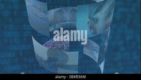 Floating panels showing globe, eye, child face, AR glasses in virtual space, with binary overlay Stock Photo