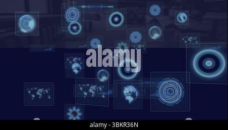 Displaying UI panels in dashboard, showing glowing circles, radial graphs, waveforms and map icons Stock Photo