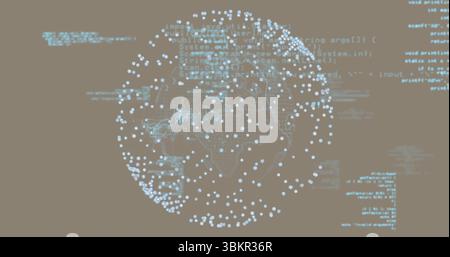 Floating globe of interconnected data points in abstract virtual space, with drifting code overlays Stock Photo