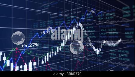 Displaying market chart in holographic grid with white candlesticks, trends and percentage labels Stock Photo