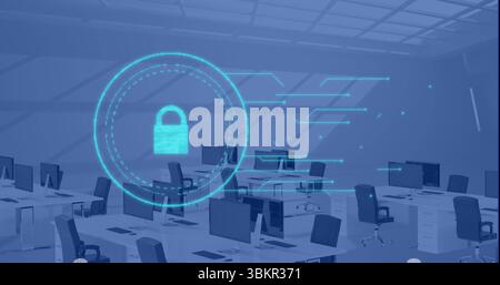 Displaying holographic padlock icon projecting data in open office, with white desks, black chairs Stock Photo