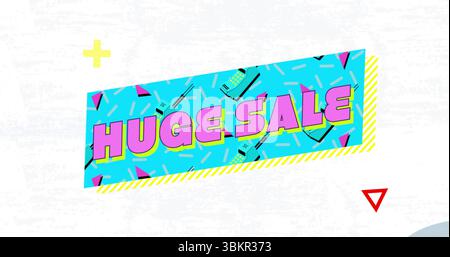 Displaying turquoise banner on backdrop with magenta HUGE SALE and geometric confetti accents in ad Stock Photo