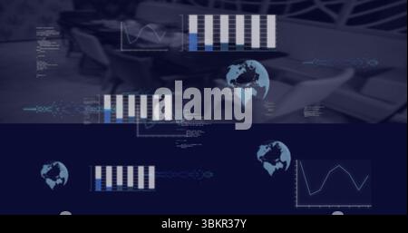 Floating overlay in conference room showing furniture and charts with globe icons and code snippets Stock Photo